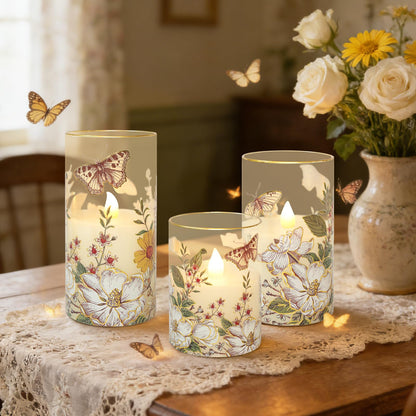 Impress Life Flameless Candles with Remote, 3PCS Butterfly Floral Glass Candles with 3D Flickering LED Wick, Battery Operated Candles for Spring Decor & Home