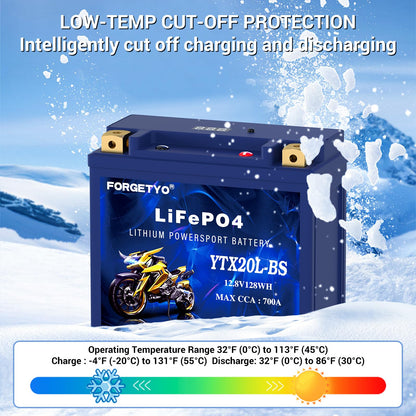 Forgetyo Lithium YTX20L-BS, 700A LiFePO4 Motorcycle Battery, 12V 10AH ATV, UTV, Jet Ski, 4 Wheeler, Snowmobile, Personal Watercraft, Seadoo, Polaris, Tractor,Generator and Riding Lawn Mower Battery