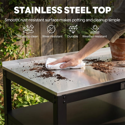 Feasto Outdoor Potting Bench with Storage, Stainless Steel Tabletop Garden Work Bench with Storage Cabinet & Removable Inner Shelf for Patio Lawn Outdoor Gardening