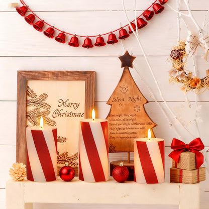 Eldnacele Christmas Candy Cane Stripe Flameless Candles with Remote and Timer, Battery Operated 3D Wick Flickering Real Wax Stripe Glitter Pillar LED Candles Holiday Xmas Decor (3Pcs, D3×H4/5"/6")