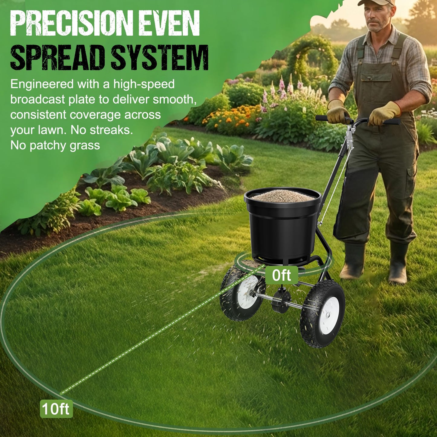 PPOLB Broadcast Spreader for Lawns, 50LB Fertilizer Spreader with 30-Level Flow Control, Walk Behind Lawn Seed & Salt Spreader, 0–10FT Coverage, Hopper Screen, Rain Cover, 12" Pneumatic Wheels