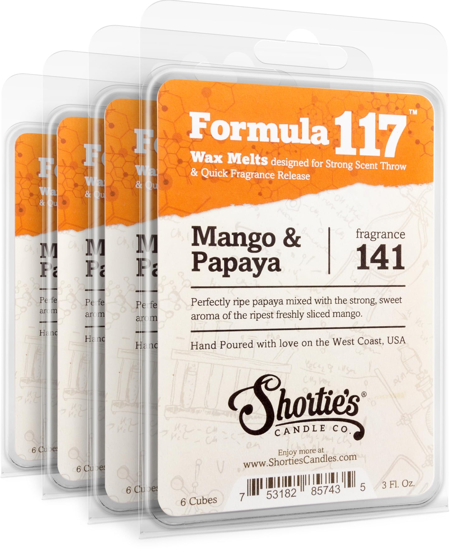 Shortie's Candle Company Mango & Papaya Premium Wax Melts 4 Pack - 12 Oz., Strong & Long Lasting, Non-Toxic - Made with Essential & Natural Oils - Formula 117