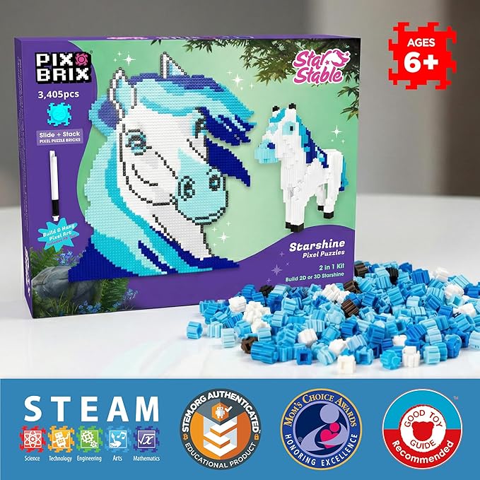 Pix Brix Pixel Art Puzzle Bricks - Star Stable’s Starshine 3405 Pieces - Interlocking Building Bricks Pixelate Your Favorite Horse in 2D or 3D Version - Stem Toys Ages 6 Plus