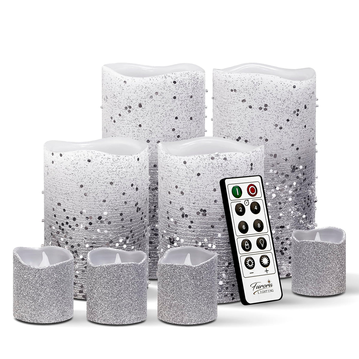 FURORA LIGHTING Silver Glitter Flameless Candles - Real Wax, Adjustable Brightness, Remote & Timer - 4 Pillars (3x4, 3x6) and 4 Votives, 8-Pack, Battery Operated