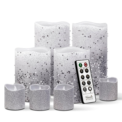 FURORA LIGHTING Silver Glitter Flameless Candles - Real Wax, Adjustable Brightness, Remote & Timer - 4 Pillars (3x4, 3x6) and 4 Votives, 8-Pack, Battery Operated