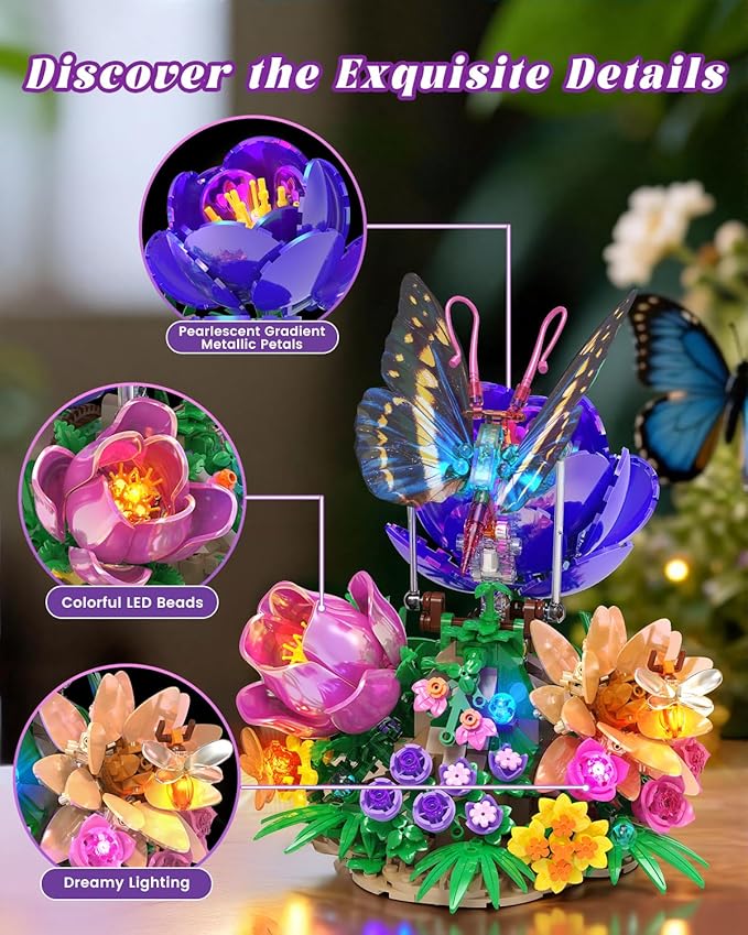 JMBricklayer Butterfly Building Set with Light for Adults Botanical Flowers Collection Building Blocks Set Creative Birthday Valentine's Day Gift for Women Mom Girlfriend Wife