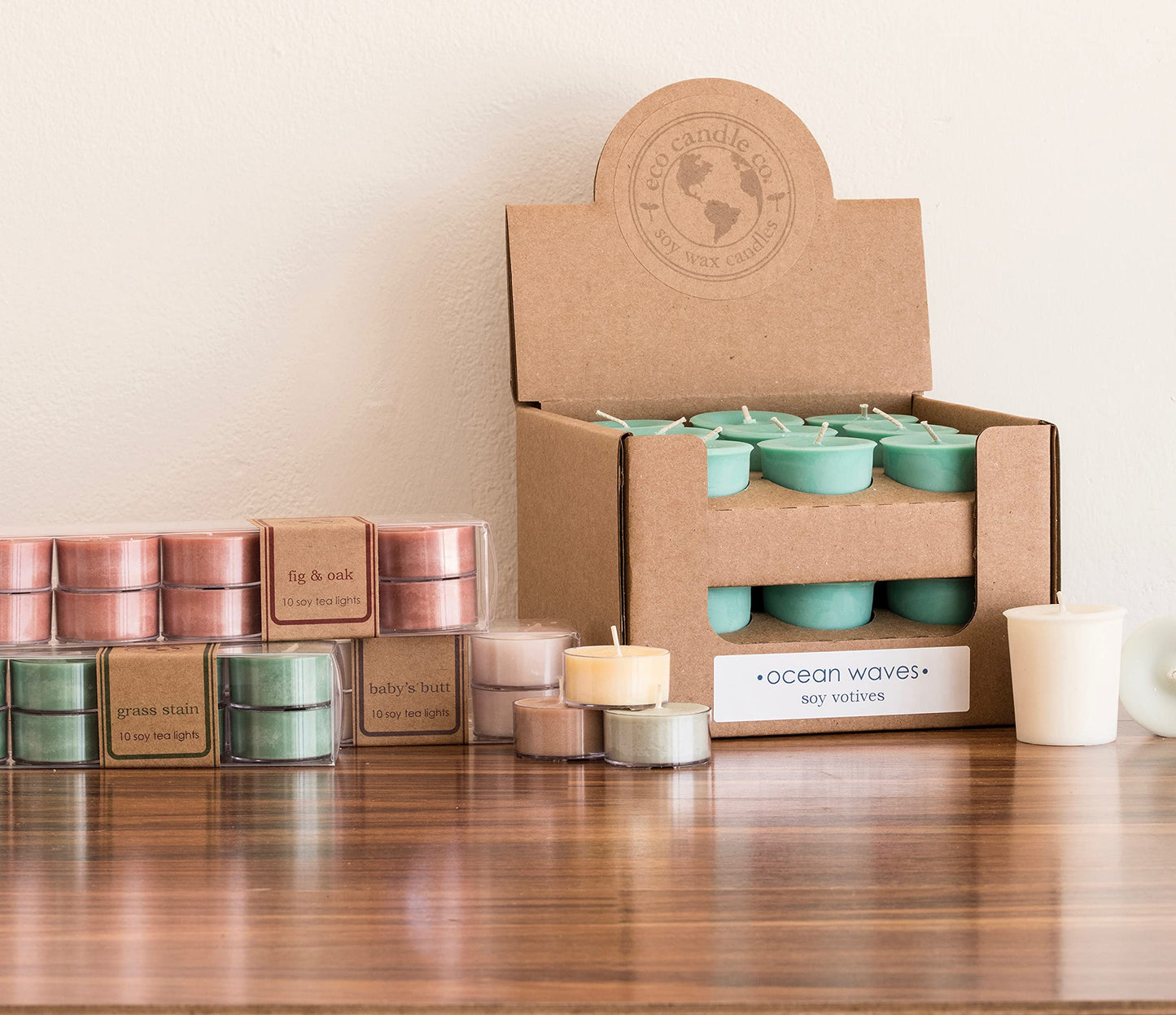 Eco Candle Co. Tea Light Candles, Ocean Waves, 10-Pack - Scents of Marine Air, Citrus, & Musk - Recyclable Plastic Cups, 100% Soy Wax, No Lead, Hand Poured, Midwest Grown Soybeans, .6 oz. Each
