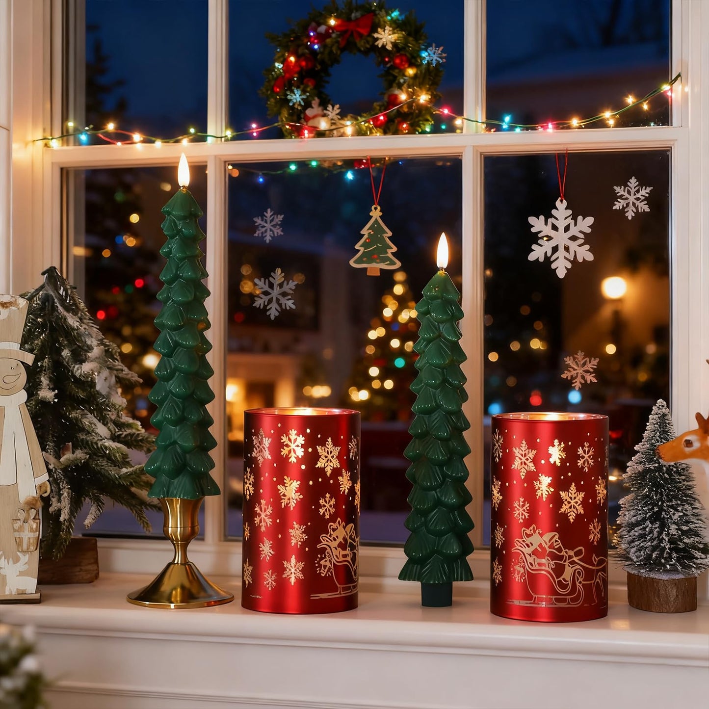 Lezonic Christmas Flameless Candles with Remote, Green Christmas Tree Flickering Battery Operated Window Candlesticks, Red Glass Xmas New Year Decorations Gifts, Set of 4 Real Wax LED Candles