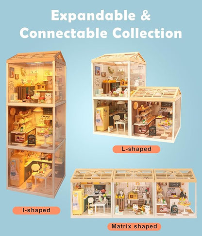 DIY Miniature Cat Pet Shop Dollhouse Kit with Dustproof Cover &amp Roof - Purrfect Tiny Animal Shelter Room with Led Lights - Creative Craft Set for Ages 14+