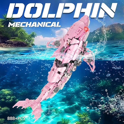 Mechanical Pink Dolphin Building Blocks Linkage Kit Sea Animal Model with Lighting Display Stand STEM Power Toy DIY Desktop Ornament for Kids &amp Adults Ages 12+ Birthday Gift Idea 888pcs