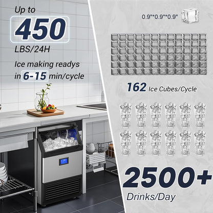 SOZT® Commercial Ice Maker Machine 450LBS/24H, Stainless Steel Under Counter Ice Machine with 200LBS Storage Bin, Self-Cleaning Freestanding Ice Cube Maker for Restaurant, Bar, Home, Office