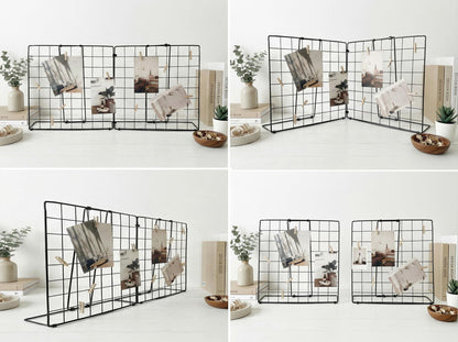 JAJAGOU Foldable Desktop Photo Display Rack & Grid Display Board with 20 Wooden Clips – Photo, Accessory & Handcraft Display Organizer for Home Office Black