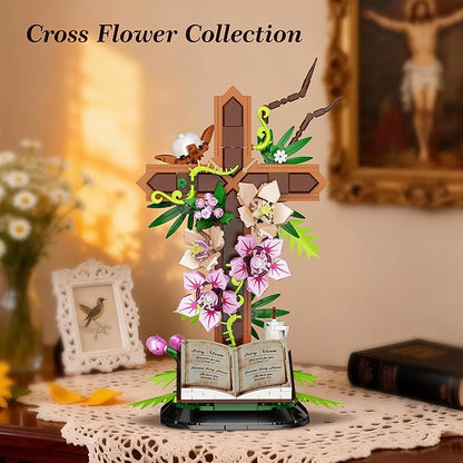 Cross Flower Building Set Religious Cross Collectibles Compatible with Lego Jesus Catholic Building Toys Easter Christian Birthday Gifts for Mothers Women or Adults