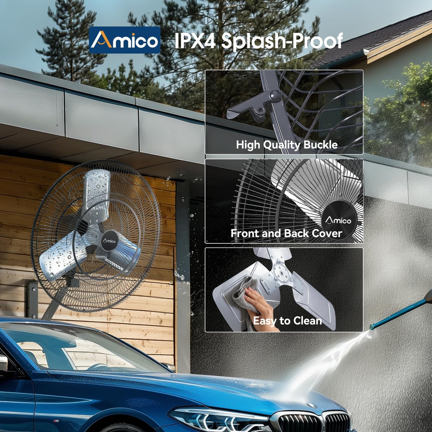 Amico 24 Inch Industrial Wall Mount Fan with Remote Control, DC Motor, 8 Speeds, 8690 CFM High Velocity, Oscillating Shop Fan with Timer for Gym, Patio,Garage, Outdoor