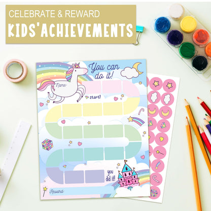 10 Unicorn Reward Chart with 216 Round Stickers, Incentive Behavior Chart for Kids at Home Classroom, Kids Routine Daily Chore Sticker Chart-A01