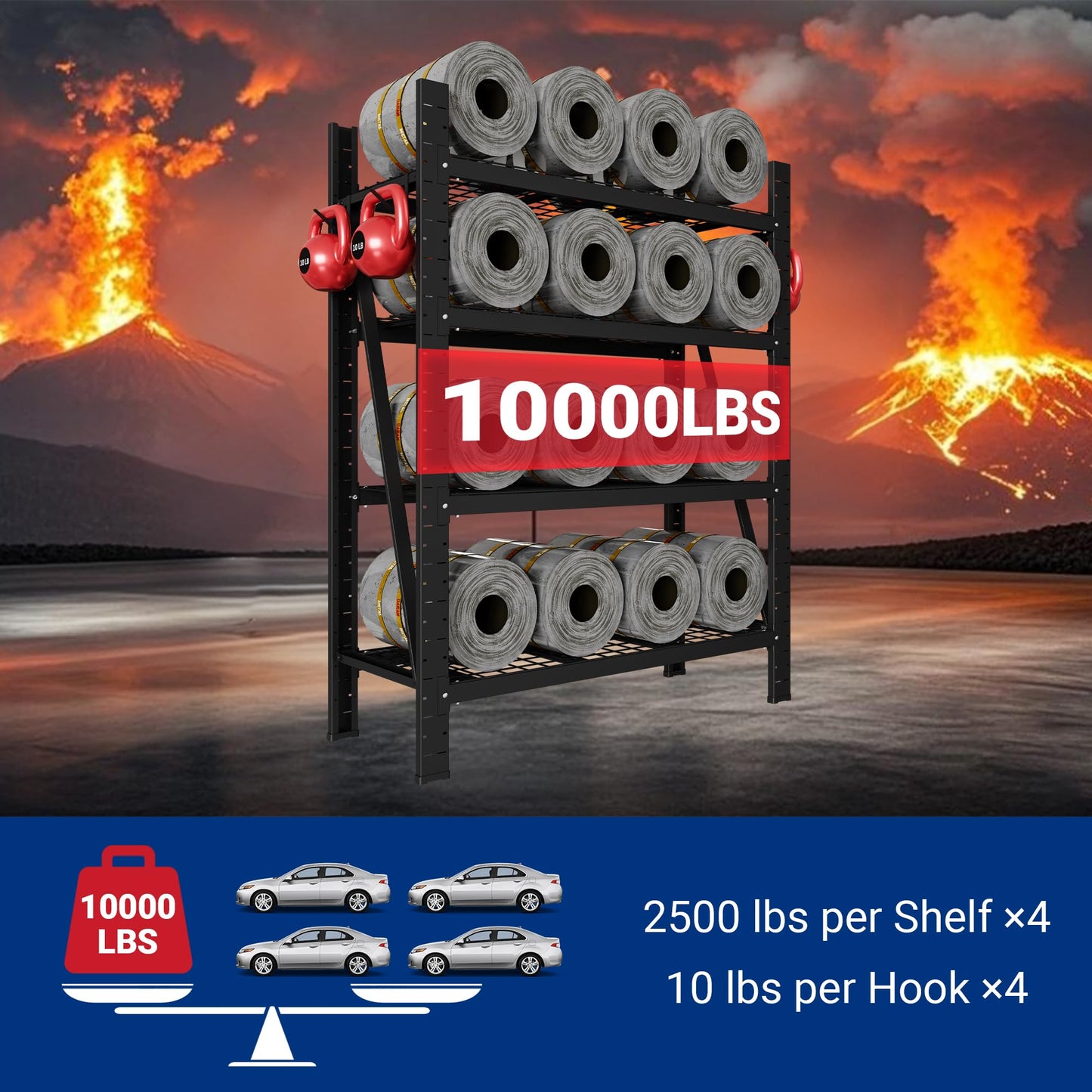 FLEXIMOUNTS Garage Shelving Heavy Duty, 49.6" W 4-Tier 10000LBS Industrial Shelving Unit with 4 Hooks, Adjustable Storage Shelves for Garage, Basement, Warehouse, 71" H x 49.6" W x 23.6" D