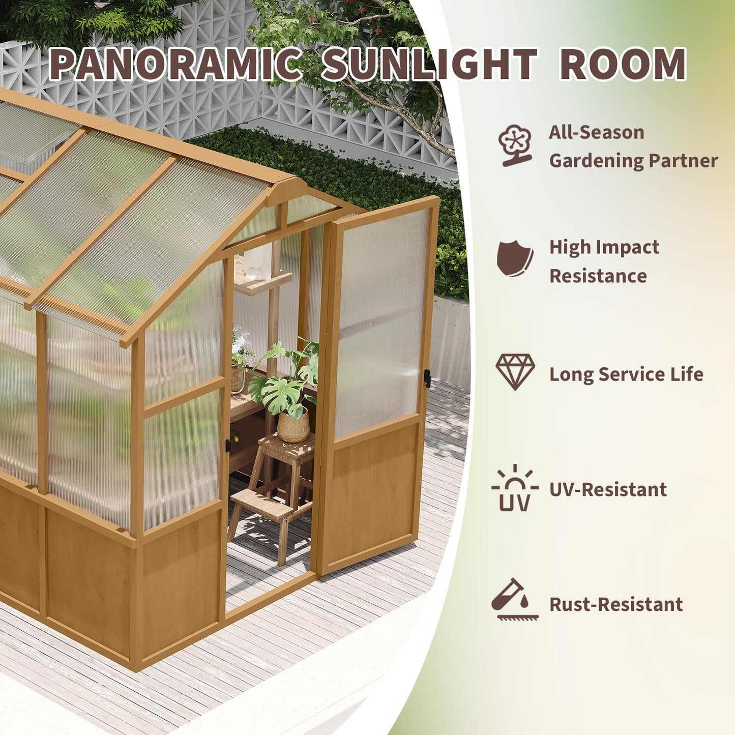 GDFStudio 6x8 FT Wooden Greenhouse for Outdoors, Walk-in Green House Kit with 6mm Polycarbonate Panels, Lockable Door, Adjustable Roof Vents, Outdoor Greenhouses for Garden Backyard Patio Lawn, Wood