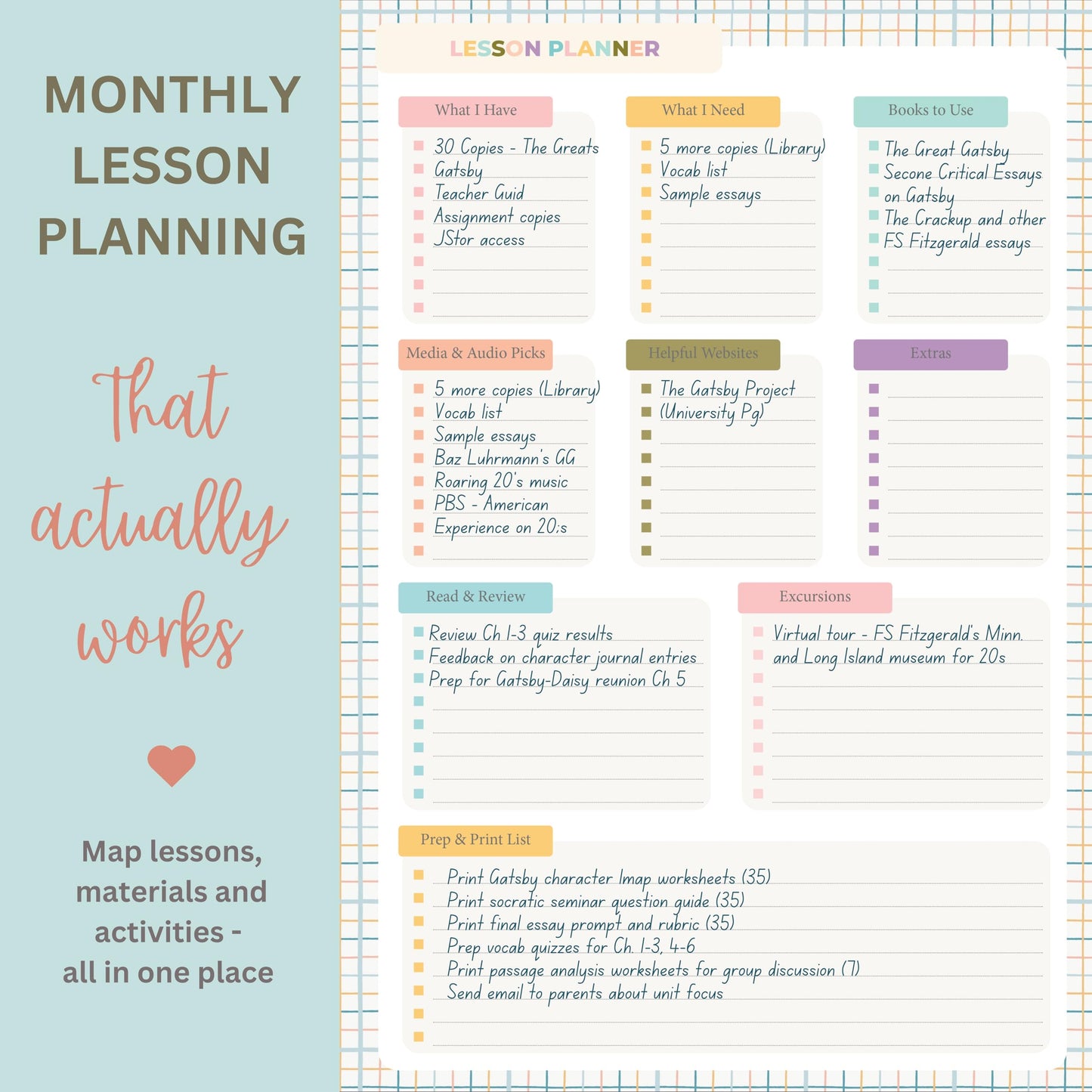 Undated Teacher Planner 8.5 x 11-12 Months & 52 Weeks | Colorful Ribbons Cover | Monthly & Weekly Lesson Plan Book with Stickers, Storage Pocket & Snap-In Bookmark | Classroom Organizer