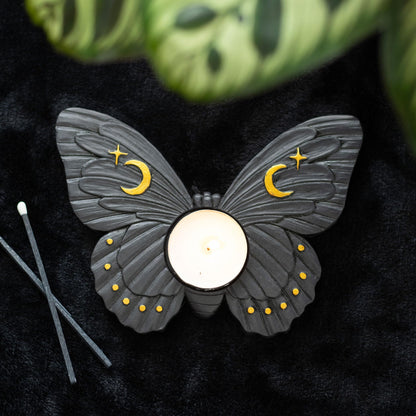 Gothic Metal Moth Tealight Candle Holder - Black Decorative Stand, Unique Centrepiece for Elegant Ambiance