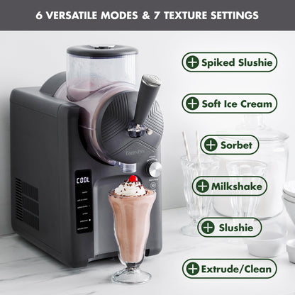 GreenPan Frost Ice Cream Maker & Slushie Machine, Soft Serve, Sorbet, Margaritas, Milkshakes, Frozen Yogurt, No Pre-Freezing, Ready in 15 Mins, 6 Modes, 7 Textures, Self-Cleaning, Family Size, Gray