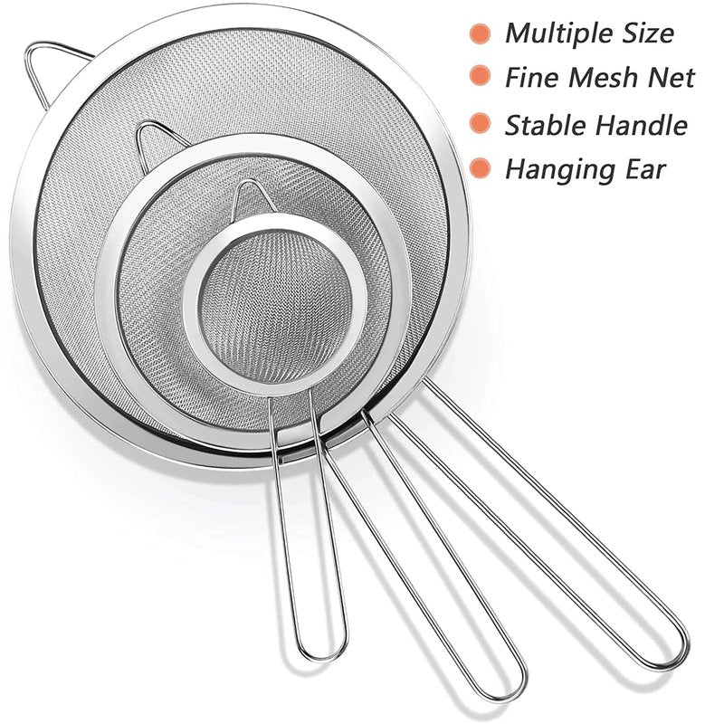 3 Fine Mesh Strainers Set with Handle for Kitchen - Sizes 7", 4.7", 3.3", Easy Clean 304 Stainless Steel, Comfortable Non-Slip Grip. Ideal for Tea, Coffee, Rice, Quinoa, Veggies & Fruits