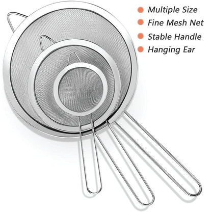 3 Fine Mesh Strainers Set with Handle for Kitchen - Sizes 7", 4.7", 3.3", Easy Clean 304 Stainless Steel, Comfortable Non-Slip Grip. Ideal for Tea, Coffee, Rice, Quinoa, Veggies & Fruits