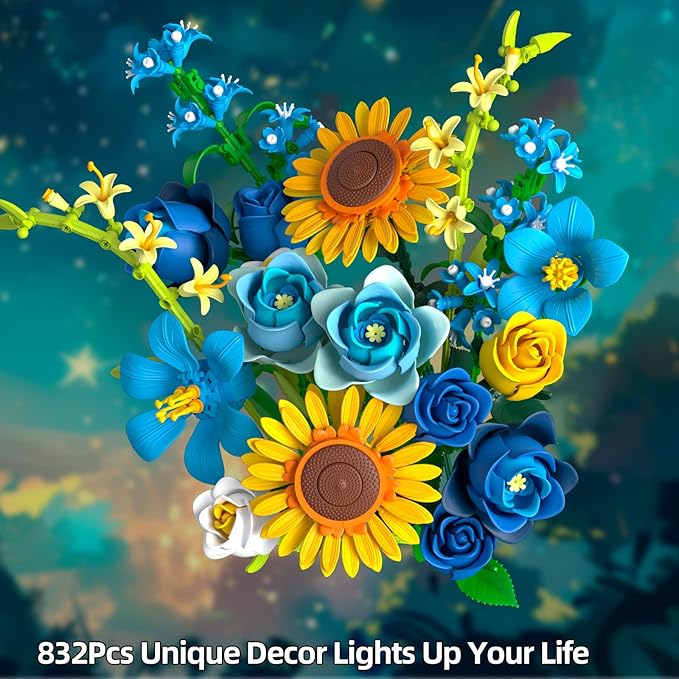 Blue Rose Flowers Valentines Gifts - Bouquet Building Set Compatible with Lego Flowers for Adults Women Van Gogh's Starry Night and Sunflowers Style Christmas Mother's Day Home Decor