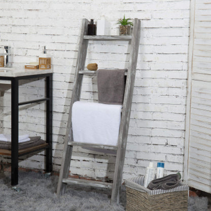 MyGift Wall-Leaning Rustic Gray with White Finish Wood Ladder-Style Blanket Rack Vintage Grey Wood & Industrial Metal Pipe Wall Mounted Ladder Rack, 46 Inch Towel Shelve