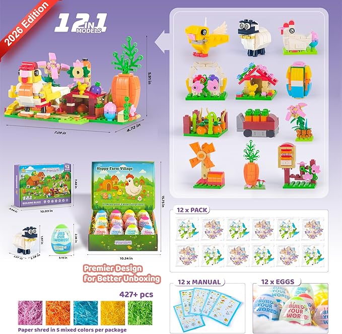 2026 New Easter Gifts Building Set for Kids -12-in-1 Happy Farm Village Building Toy with Prefilled Eggs Easter Basket Stuffer &amp Decorations for Boys &amp Girls 6+ with Farm Animals Hen &amp
