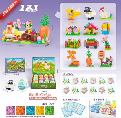 2026 New Easter Gifts Building Set for Kids -12-in-1 Happy Farm Village Building Toy with Prefilled Eggs Easter Basket Stuffer &amp Decorations for Boys &amp Girls 6+ with Farm Animals Hen &amp