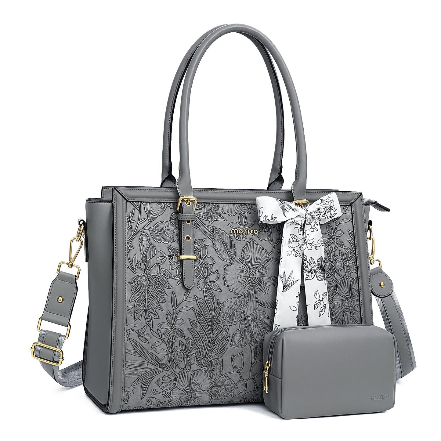 MOSISO Laptop Bag for Women, 17-17.3 inch PU Leather Tote Bag Compatible with MacBook, HP, Dell, Asus Notebook, Front Embossed Retro Hibiscus Computer Bags with Silk Scarf&Clutch Purse, Gray