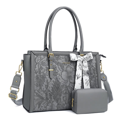 MOSISO Laptop Bag for Women, 17-17.3 inch PU Leather Tote Bag Compatible with MacBook, HP, Dell, Asus Notebook, Front Embossed Retro Hibiscus Computer Bags with Silk Scarf&Clutch Purse, Gray