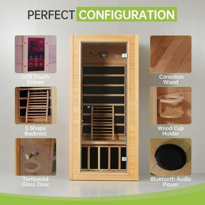 Real Relax 1 Person Infrared Sauna, Indoor Near Zero EMF Canadian Hemlock Wood Sauna with 1400W, 9 Chromo Therapy Lights, Oxygen Lonizer, Bluetooth, LCD Control Pannel for Home Spa Days
