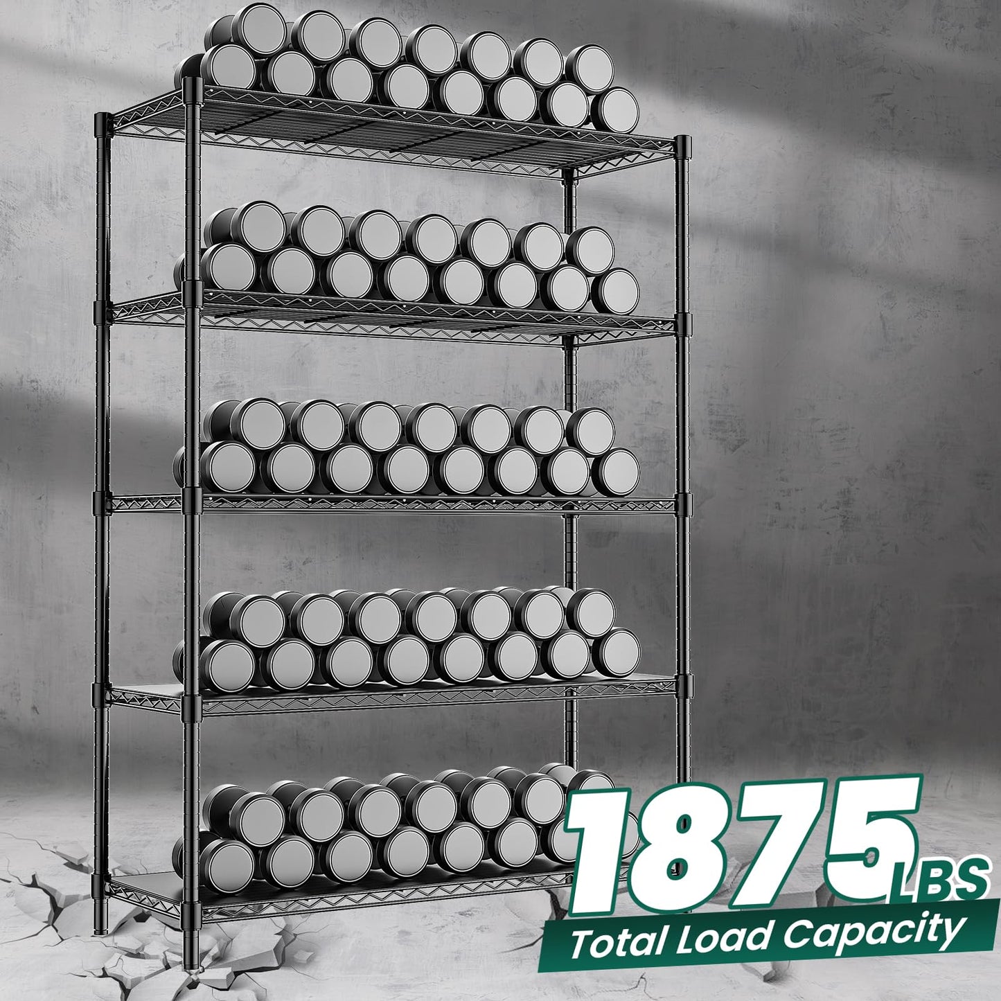 RackBro 48" W Garage Shelving 1875LBS Heavy Duty Wire Shelving Unit, Metal 5-Tier Adjustable Steel Storage Rack with Liners, Storage Tote Rack, 48" W x 18" D x 72" H for Garage Commercial, Black