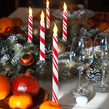 Kittmip 6 Pcs Christmas Flameless Taper Candles 11 Inch Long Candy Cane White Red Battery Operated LED Candles Table Centerpiece for Xmas Winter Holiday Party Decor