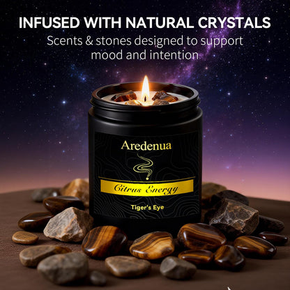 Aredenua Crystal Candle with Tiger Eye Healing Crystals, Citrus Aromatherapy Candle for Confidence, Natural Soy Wax Scented Candle with Real Gemstone, 7oz Long Burning, Motivational Chakra Gift