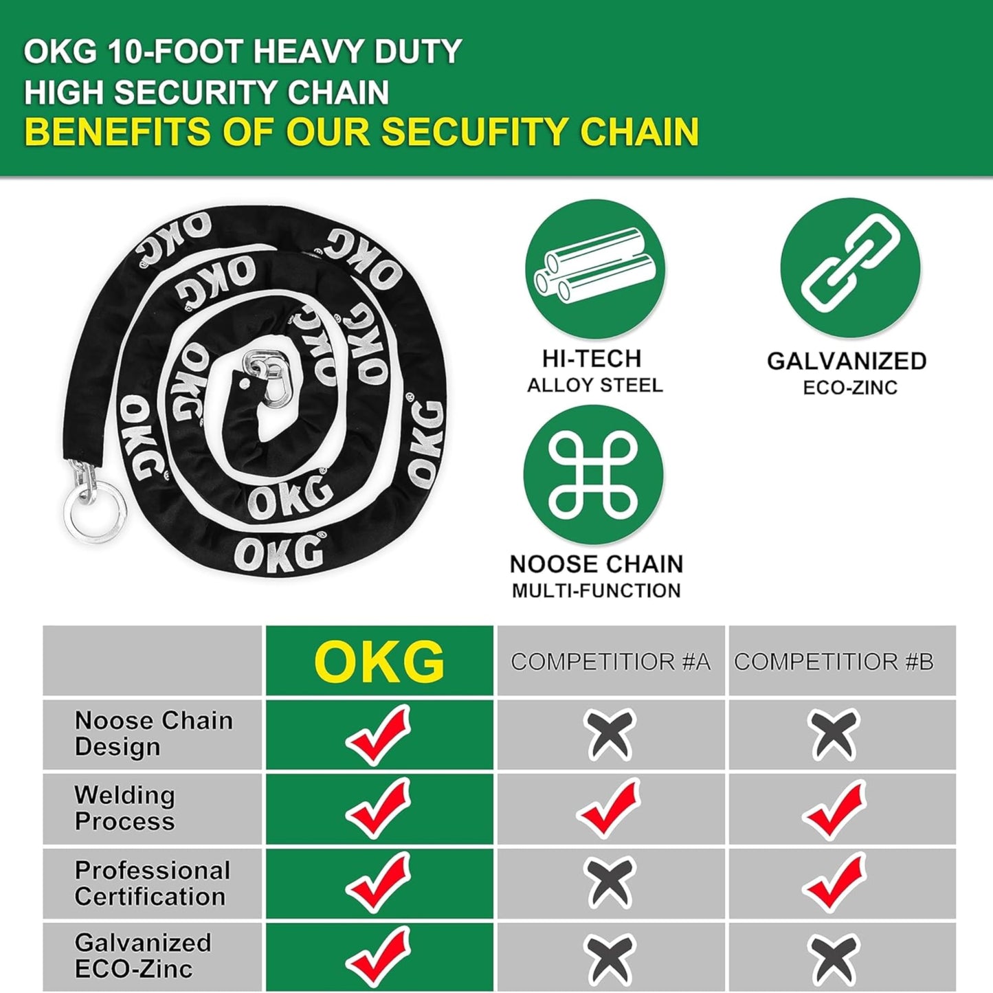 OKG Extra Long Security Chain - 10-Foot x 3/8" Thick Heavy Duty, Eco-Zinc Plated - Uncuttable for Outdoor & Indoor Use - Bike & Motorcycle Lock Chain - For Two+ 2-Wheeled Vehicles