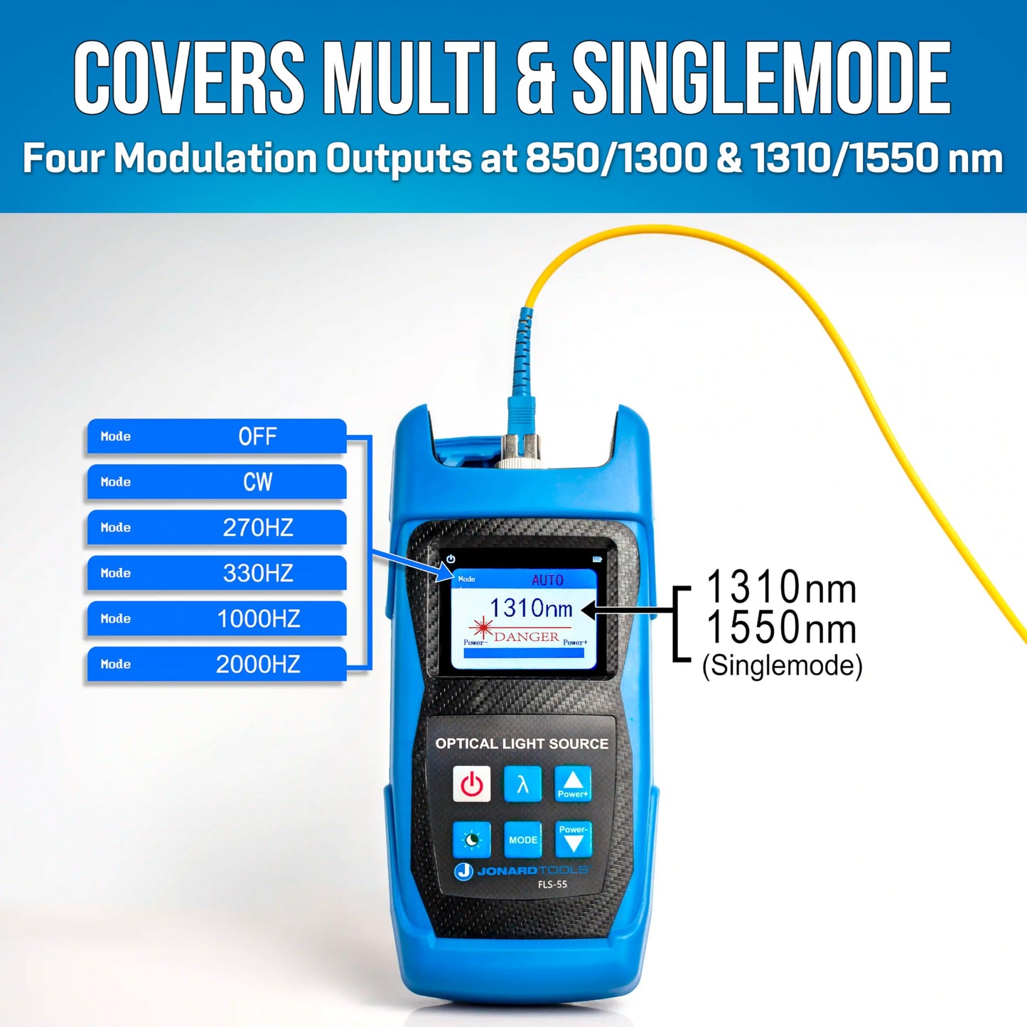 Jonard Tools FLS-55 Multi-Mode & Single-Mode Fiber Optic Light Source with FC/LC/SC (PC/UPC) Adapters (2025 Model)
