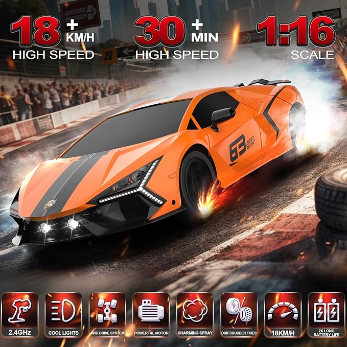 RC Drift Car 1:16 Remote Control Car 2.4Ghz High Speed RC Cars 4WD Racing Sport Toy Cars with LED Lights Spray Drifting Tires 2 Batteries for Kids Boys Girls Adults Birthday Christmas