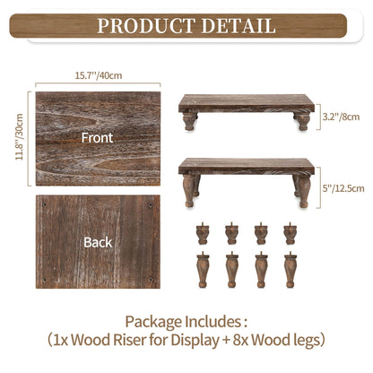 Hanobe Wooden Riser Decorative Tray: Farmhouse Wood Pedestal Display Stand - Rustic Brown Coffee Table Decor for Kitchen Dining Home Decor, Short & Tall Footed