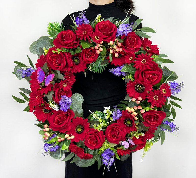 Naramiji Cemetery Wreath for Grave, Red Roses Memorial Wreath with 30 Inch Easeal Stand, Fade-Resistant