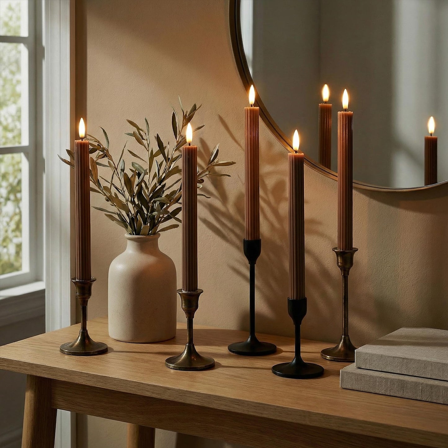 West Ivory 12 Pack, 10" LED Flameless Brown Tan Fluted Ribbed Grooved Taper Candles w/ 2 Remotes & 24h Timer Memory, On/Off Button, Dimmable, Flicker Mode, Battery Operated, Christmas Menorah Wedding