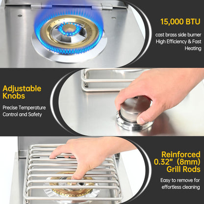 Built-in Single Grilling Side Burner for Outdoor Grill, Heavy-Duty 304 Stainless Steel, Drop-in Side Burner With Cover, 15,000BTU Propane & Natural Gas, Single Side Burner for Family Patio Parties