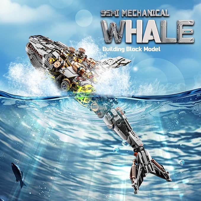 Mechanical Whale Building Set Sea Animal Building Block Toy Movable Ocean Animal with Display Stand Home Decor Gift for Adults Teens（1388PCS）