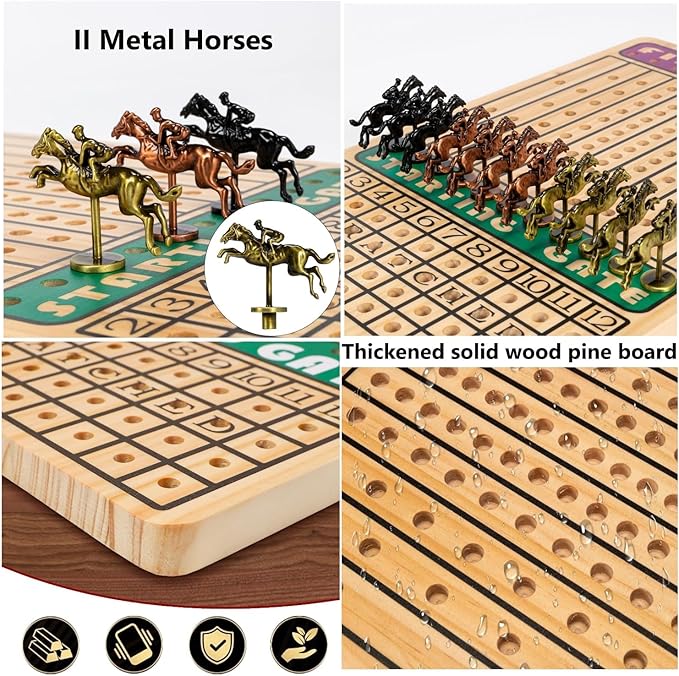 21 in Horse Race Board Game Racing Game Thickened Solid Wood with 11 Metal Horses 2 Cards &amp 4 Dice Horse Racing Game for 2-6 Players