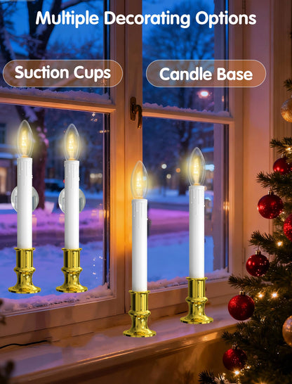 Romasaty 4 Pack Christmas Window Candle Lamps, Battery Operated Window Candle Lights with Automatic Timer and C26 3V LED Bulbs Candlestick for Indoor Windows Table Decor, 4 Suction Cups
