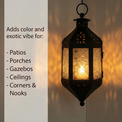 Vela Lanterns Hanging Moroccan Lamp - Exotic Decorative Patio & Porch Decor, Indoor Outdoor Tea Light Candle Lantern Holder with Chain (11" Medium, Clear Glass, 2-Pack)