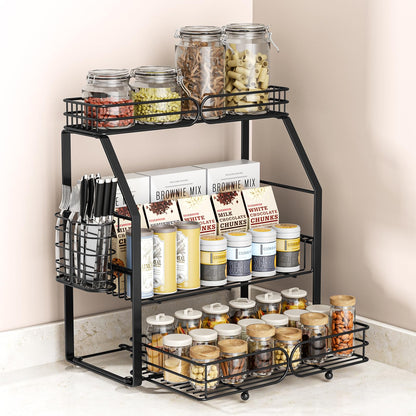 PXYHMUS Spice Rack Organizer for Cabinet, 3 Tier Black Countertop Organizer Small Spice Rack, Kitchen Spice Shelf Organizer for Cabinet, Pantry, Bathroom, Bedroom, Coffee Station