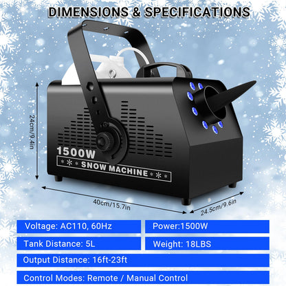 1500W Snow Machine Snowflake Maker: Wired & Wireless Remote Snow Volume - with 9LED RGB Lights - Artificial Fake Snow Machine for Outdoor Christmas Party Wedding Fiestas Holiday Stage Effects