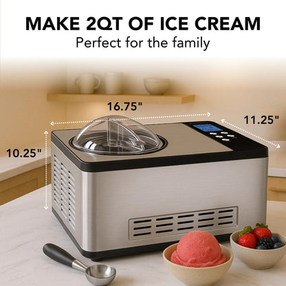Whynter Ice Cream Maker Machine Automatic 2.1 Qt. with Built-In Compressor, LCD Digital Display & Timer, No Pre-Freezing, ICM-200LS, Stainless Steel
